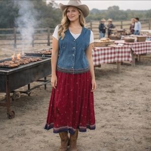 Dont Mess With Texas Western Cowgirl Cowboy Flowy Long Skirt & Denim Vest Sz M